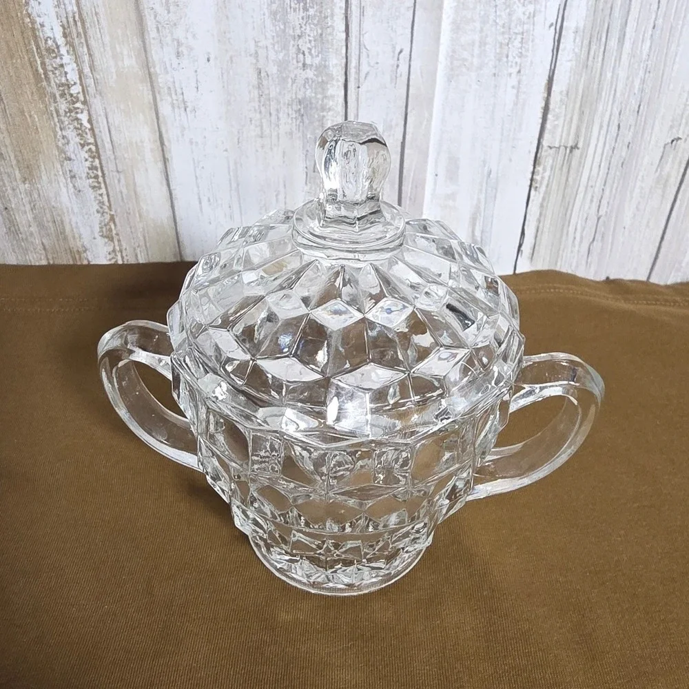 Vintage Fostoria American Clear Glass Creamer and Sugar Bowl Set Diamond Point